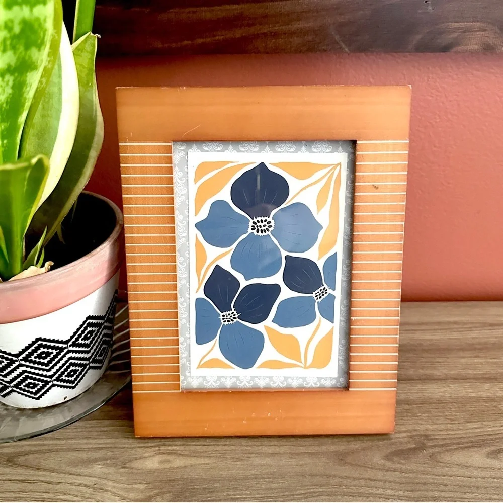 Vintage Style Wood Frame Postcard Framed Art Blue Flowers 7x9” Boho Retro Decor